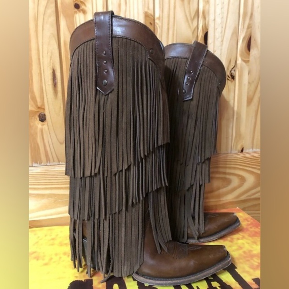 CORRAL Tan Fringe SIERRA Tall Top Western Boots 7.5M - Picture 3 of 4